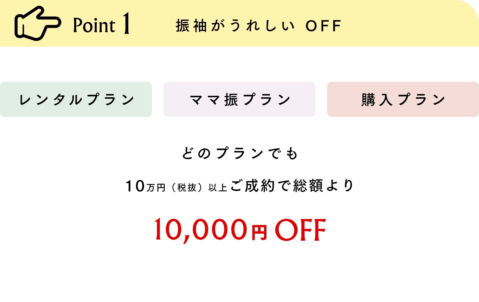 Point1 振袖がうれしいOFF レンタルプラン、購入プラン、ママ振プランどのプランでも10万円（税抜）以上ご成約で総額より10,000円OFF