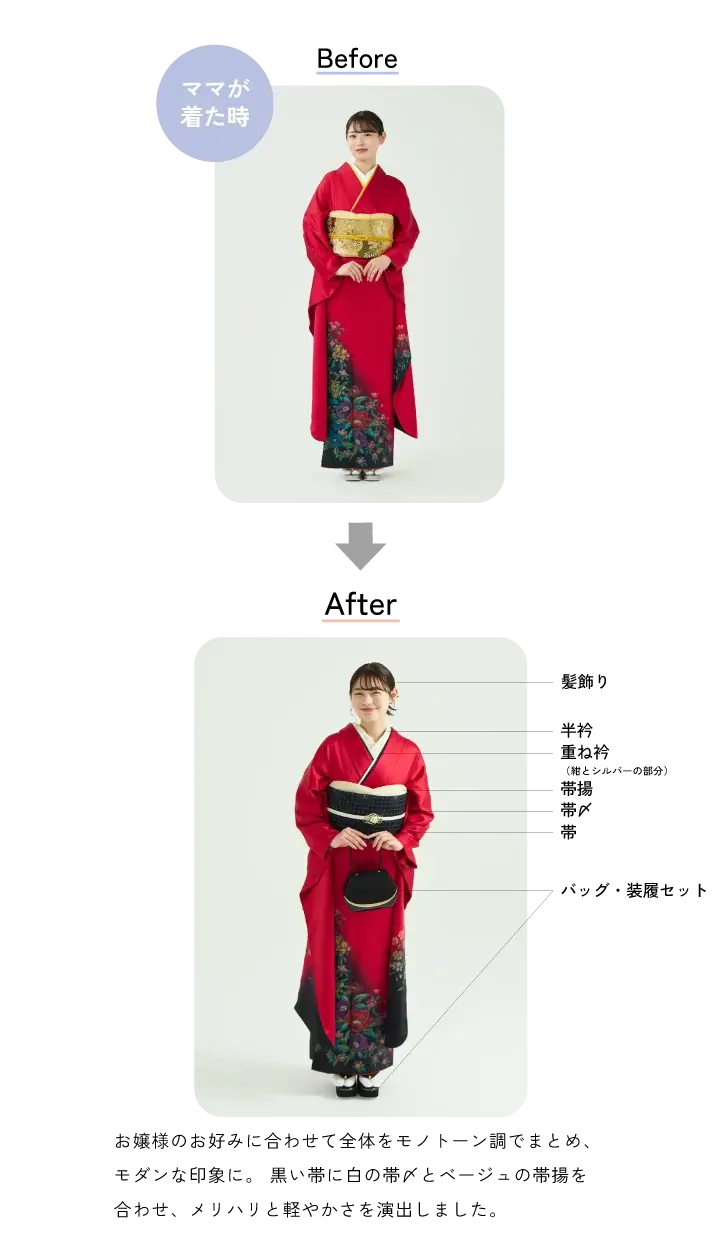 Before ママが着たとき After 髪飾り 半衿(花柄部分) 重ね衿(赤×金の部分) バッグ 帯揚げ(帯から出ている赤の部分) 帯 帯〆 小物は1点からでもご購入頂けます。