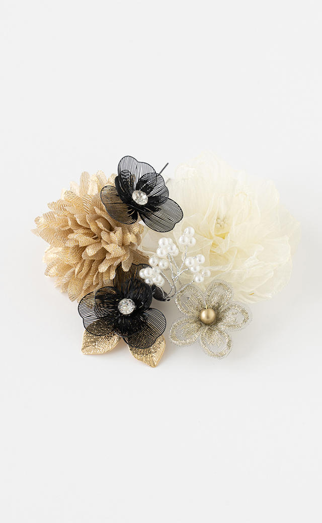No：C7110100512010 髪飾り／シフォンダリアブーケ／ゴールド